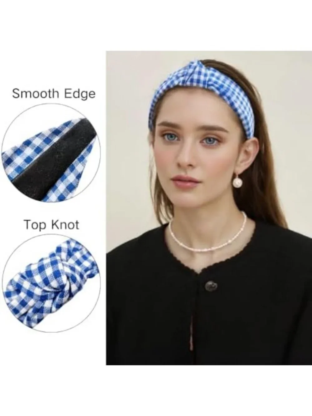 Blue White Gingham Knotted Headband - Plaid Top Knot Hair Band for Skincare